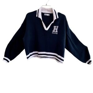 Hollister Womens XL Black Cropped Varsity Polo Sweater Collegiate Preppy Y2K